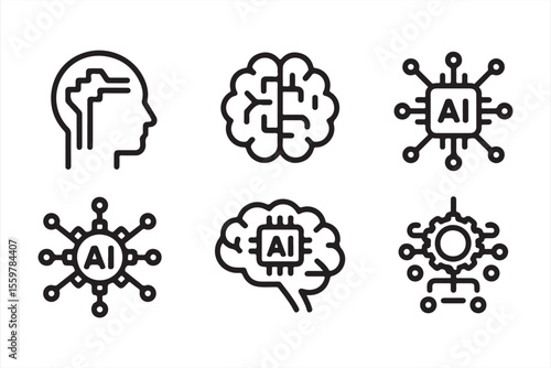 AI and Brain Icons: A compelling collection of meticulously designed icons, illustrating the intricate interplay between artificial intelligence and the human brain.