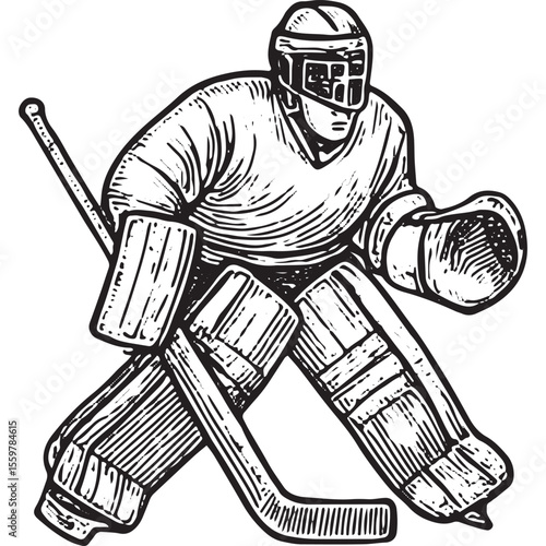 Goaltender illustration in crouched stance, blocking shot, detailed
