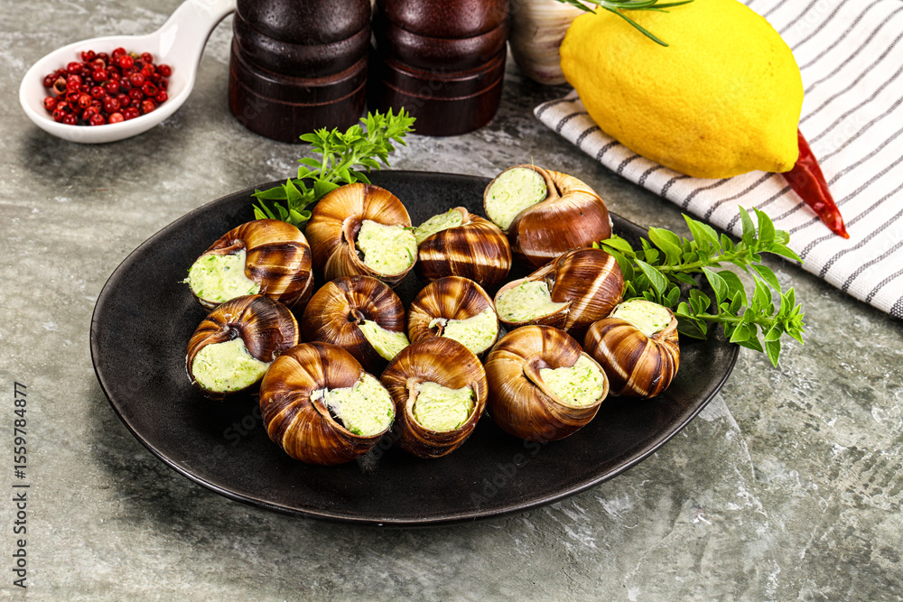 Fototapeta premium Fresnch escargort with basil butter