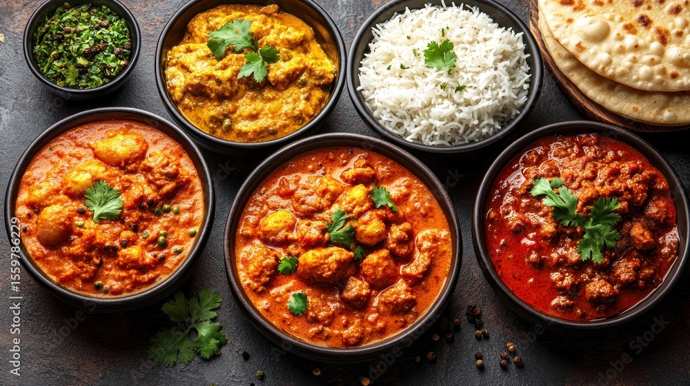 Indian curries and rice, diverse dishes Indian curries and rice, diverse dishes