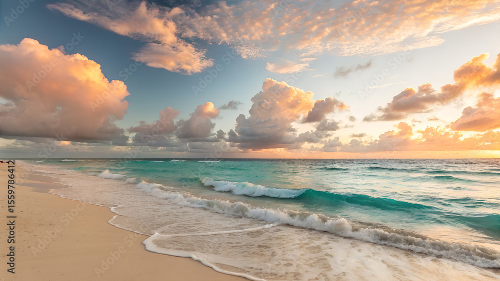 Obraz premium Hyperrealistic Sunrise over Tranquil Ocean Beach Stunning Coastal Photography