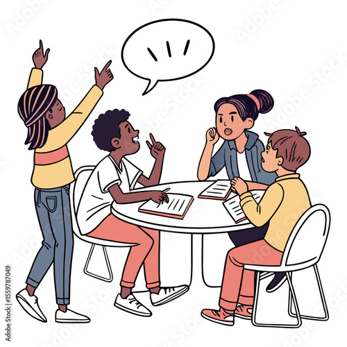 Diverse group of children collaborating and discussing ideas around a table