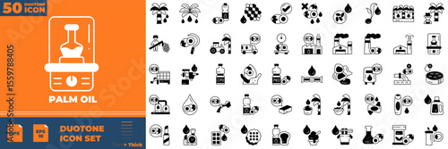 Palm Oil Duotone Editable Icons set. Vector illustration in modern thin duotone style of palm oil icons: bottle, chemical flask, palm trees, etc