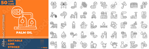Palm Oil Line Editable Icons set. Vector illustration in modern thin line style of palm oil icons: bottle, chemical flask, palm trees, etc