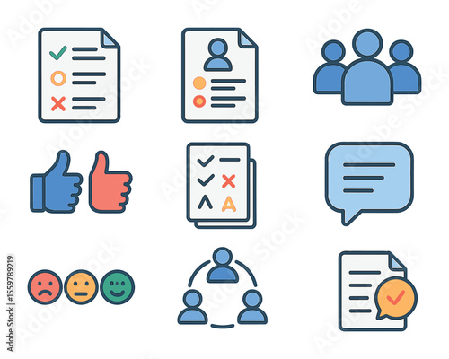 Peer Feedback Icons. Flat icon set of peer feedback session: review checklist, feedback form, peer group icon,