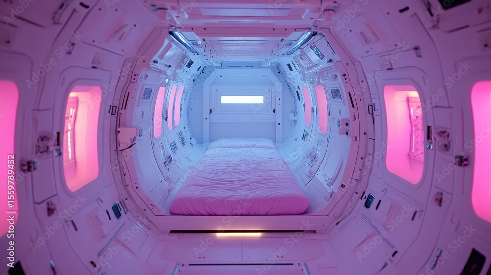 Obraz premium Futuristic Capsule Bedroom Design with Soft Pink Lighting Interior