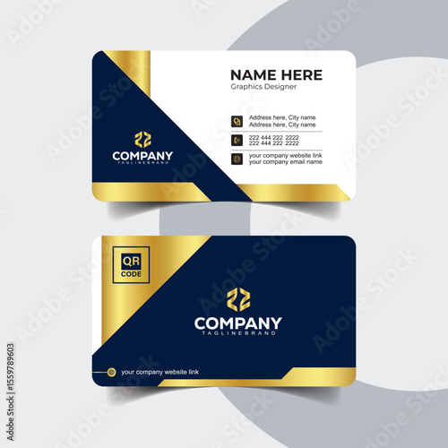 Professional Navy Blue and Gold Business Card Template with Central Logo Focus. Elegant corporate card template featuring dark navy blue with golden highlights.