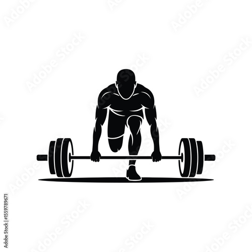 Black Silhouette of Muscular Man Performing a Deadlift Weightlifting Exercise with a Barbell and Weight Plates on White Background Minimalist Icon Graphic Design