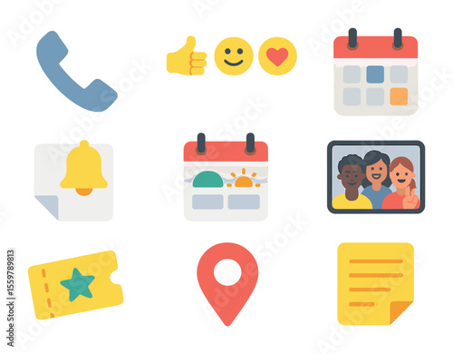 Friendship Icon Set. Flat icon set of maintaining adult friendships: phone call, emoji reactions, shared