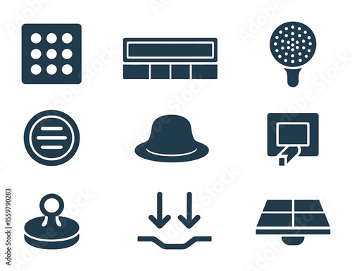Bathroom Drain Icons. Flat icon set of bathroom floor drainage: shower drain grate, tile-integrated drain,