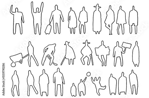 Architectural Drawings, people vector in park out door illustration, Minimal style hand drawn, set elements for architecture and landscape design. Sections, Elevations, Floor Plans.