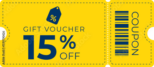 Bright yellow gift voucher offering 15% off with modern typography, barcode, and coupon tag. Ideal for sales, retail promotions, marketing, and e-commerce designs.