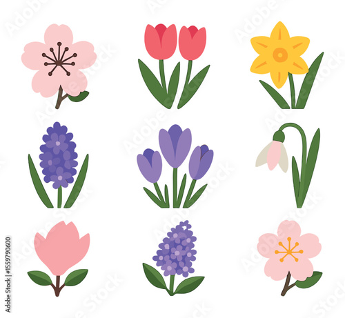 Spring Weather Icons. Solid, filled icons set of weather in early spring: light drizzle, cloudy sunrise, sun