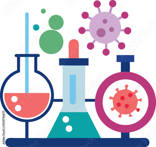 Medical lab virus research scene with white background.