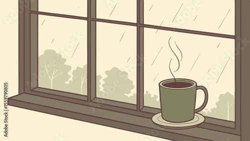 Rainy day coffee window view illustration vector art for cozy aesthetic and relaxation background graphic design