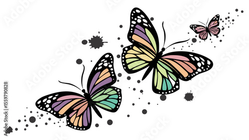 Beautiful butterfly vector illustration with colorful wings and ink splatters for graphic design projects