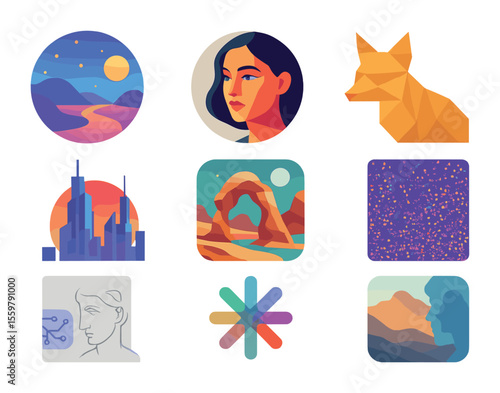 AI Art Icon Set. Flat icon set of AI-generated art types: dreamscape scene, stylized portrait, low-poly animal