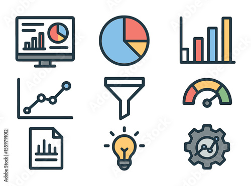 Business Intelligence Icons. Flat icon set of business intelligence and data analytics: dashboard screen, pie