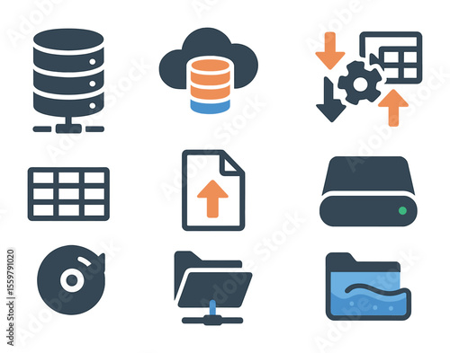 Big Data Icons. Flat icon set of big data management: database server, cloud data icon, data lake, ETL process