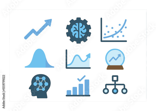 Predictive Analytics Icons. Flat icon set of predictive analytics: forecast arrow, machine learning gear,