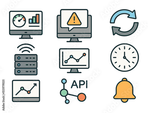 Real-Time Data Icons. Flat icon set of real-time data tracking: live dashboard, update alert, sync icon,
