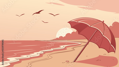 Beach scene with umbrella and birds at sunset vector illustration for summer vacation 100