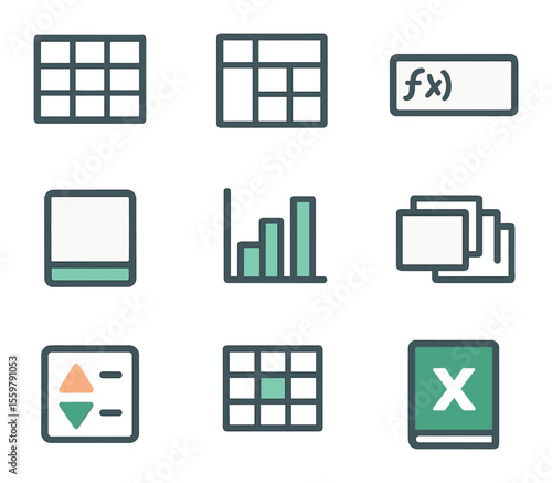 Spreadsheet Icon Set. Flat icon set of Excel and spreadsheet analytics: table grid, pivot table, formula bar,