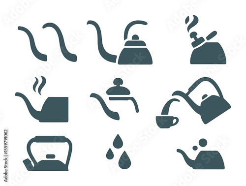 Tea Kettle Icon Set. Flat icon set of tea kettle spout: curved spout, gooseneck spout, whistle cap, steam