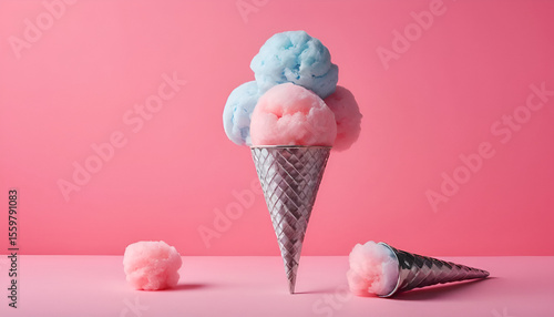 Vibrant cotton candy cones styled creatively on a pink backdrop, evoking playfulness and sweetness.