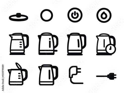 Electric Kettle Icons. Flat icon set of electric kettles: base heater, LED indicator, boil button, glass