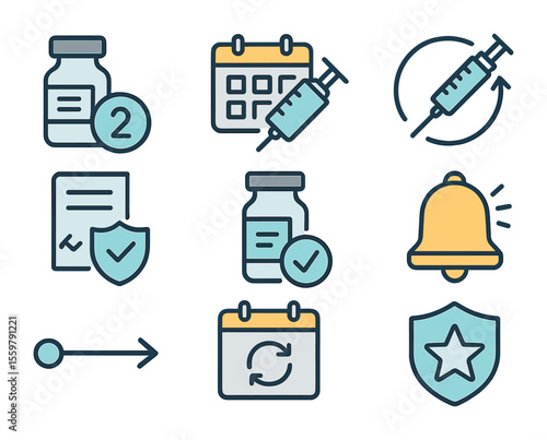Booster Dose Icons. Flat icon set of booster dose tracking: second dose icon, booster calendar, repeat syringe