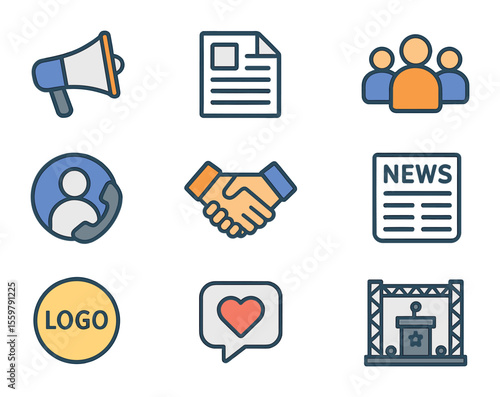 Public Relations Icons. Flat icon set of public relations and audience: megaphone, press release, audience