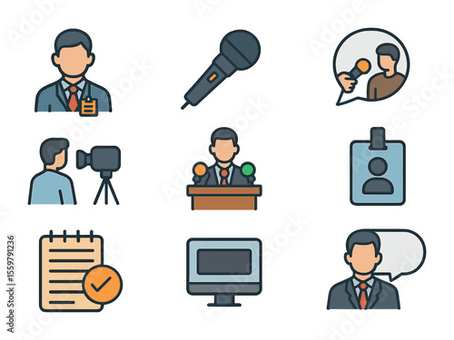 Media Icons Grid. Flat icon set of media relations: journalist icon, microphone, media inquiry, live interview