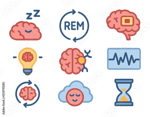 Sleep Benefits Icons. Flat icon set of why sleep is important for the brain: sleeping brain, REM cycle, memory
