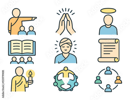Spiritual Leader Icons. Flat icon set of spiritual leaders and their impact on followers: guiding figure,
