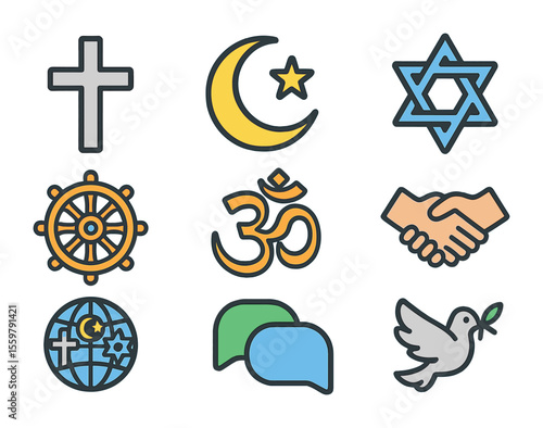 Interfaith Icon Set. Flat icon set of interfaith leaders: cross symbol, crescent moon, star of David, dharma