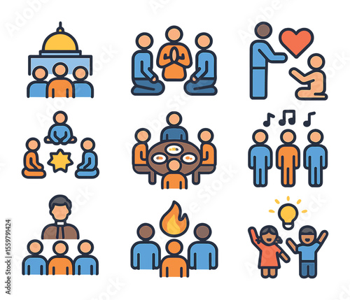 Spiritual Community Icons. Flat icon set of spiritual community influence: temple gathering, communal prayer,