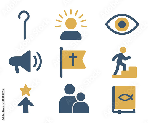 Spiritual Leadership Icons. Flat icon set of symbols of spiritual leadership: shepherd’s staff, radiant figure