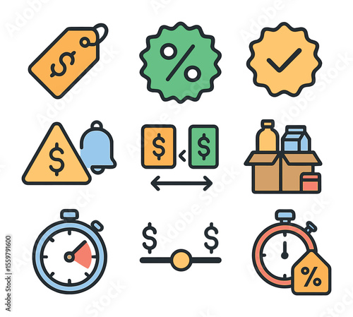 Price Sensitivity Icons. Flat icon set of price sensitivity and decision making: price tag, discount badge,