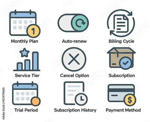 Subscription Icons Set. Flat icon set of subscription preferences: monthly plan, auto-renew toggle, billing