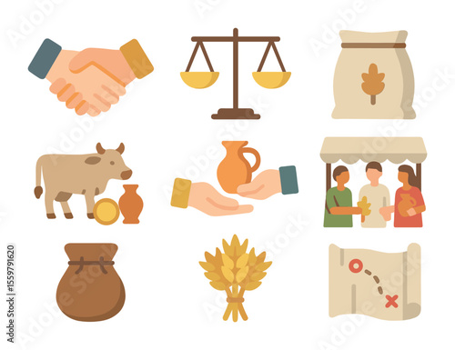 Barter Economy Icons. Flat icon set of bartering and its role in historical economies: handshake deal, trade