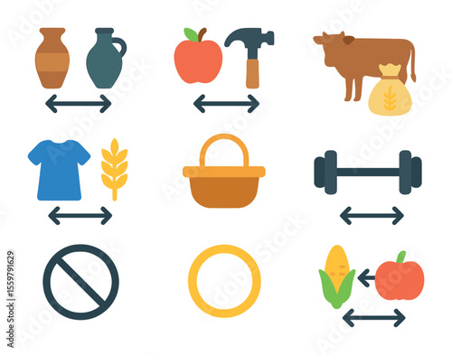 Pre-Currency Trading Icons. Flat icon set of pre-currency trading methods: object swap, food for tools,