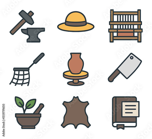 Trade Professions Icons. Flat icon set of trade professions in barter economies: blacksmith tools, farmer hat,