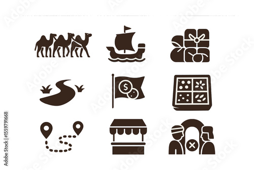 Long-Distance Trade Icons. Flat icon set of long-distance barter systems: camel caravan, trade ship, goods