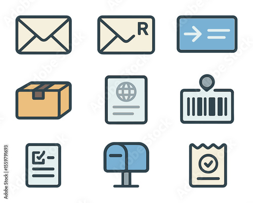 Mail Icon Set. Flat icon set of mailing options at the counter: standard envelope, registered letter, priority