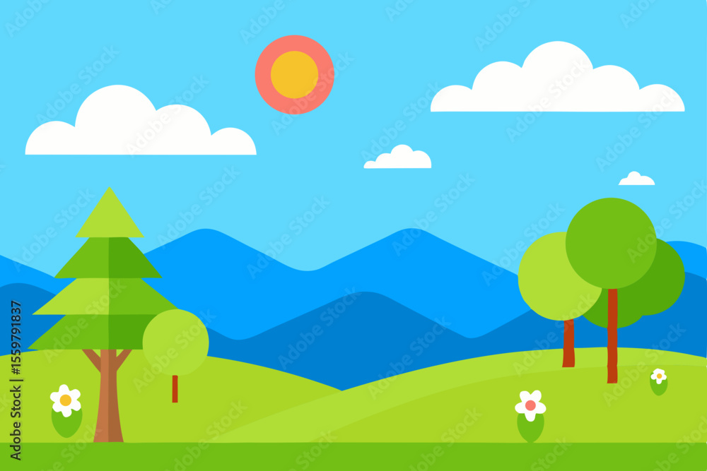Fototapeta premium Flat Detailed Spring Landscape Blue Sky