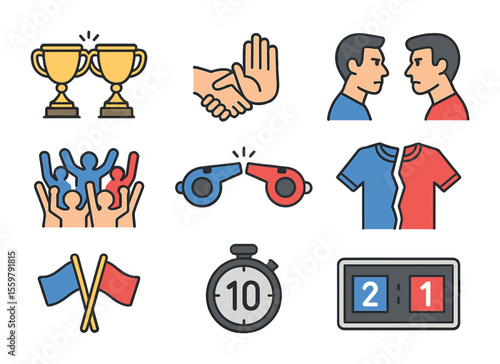 Sports Rivalry Icons. Flat icon set of sports rivalry: trophy clash, handshake refusal, split jersey, face-off