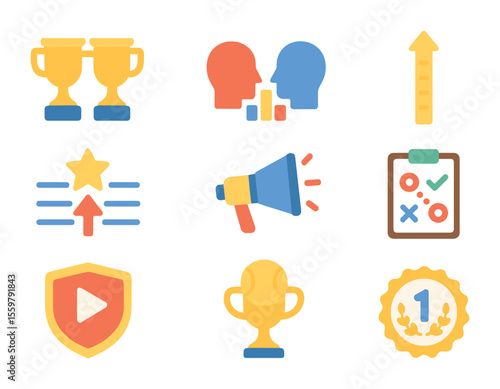 Rivalry Icons Collection. Flat icon set of rivalry trophies and records: dual trophy, head-to-head stats,
