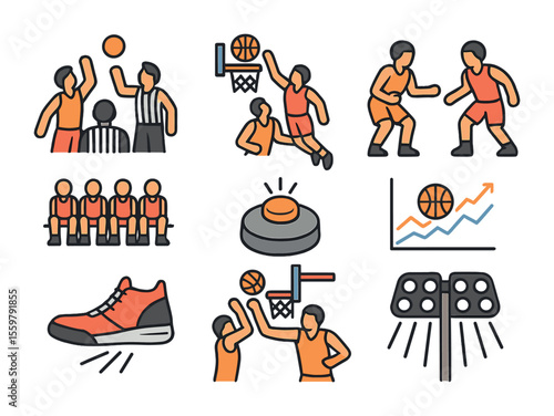 Basketball Rivalry Icons. Flat icon set of basketball rivalry: tip-off icon, dunk clash, triple threat, rival