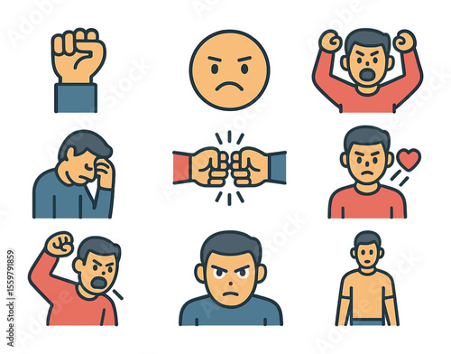 Rivalry Emotion Icons. Flat icon set of rivalry emotions and gestures: celebration fist, upset emoji, victory